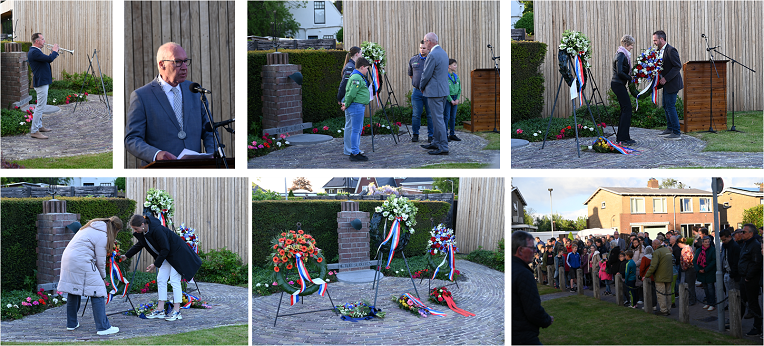 Fotocollage herdenking Neck Wijdewormer; Last Post door trompettist, toespraak wethouder Tjeerd Pietersma, 3 foto's van kranslegging, beeld van de kransen en bloemen en laatste foto van het publiek