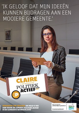 Dame met bril in vergaderzaal. Naam Claire, 37 jaar, beleidsadviseur en politiek actief sinds 2014. Quote 'Ik geloof dat mijn ideeën kunnen bijdragen aan een mooiere gemeente'