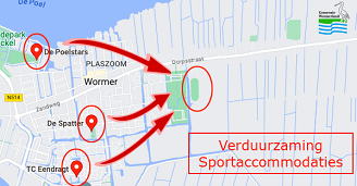 kaartje Google Maps met oude locatie sportverenigingen en pijl naar nieuwe locatie ijsbaanterrein