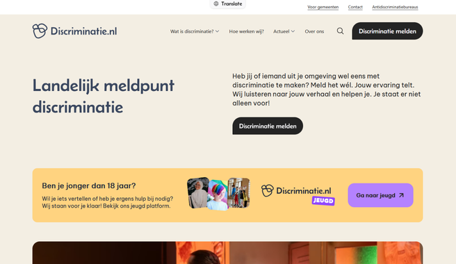 De websitepagina van discriminatie.nl